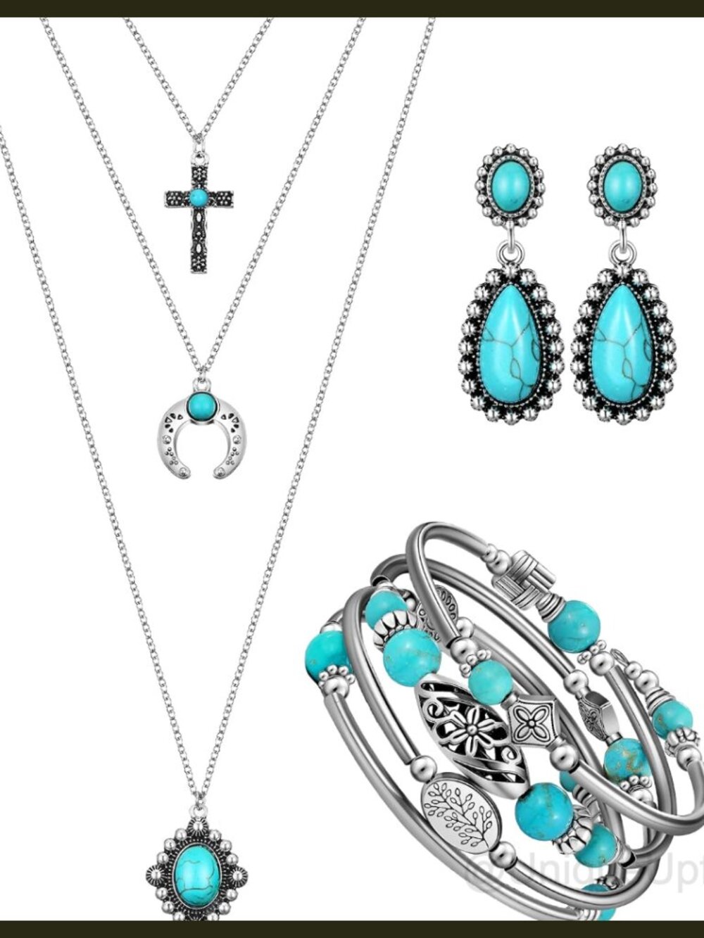 Turquoise Boho Jewelry Set: Choker Necklace, Layered Bracelet & Dangle Earrings